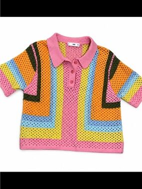 Mango MNG Multicolor Crochet Knit Polo Shirt Colorblock Size Large